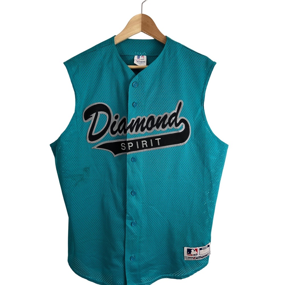 Majestic Baseball Jersey Mens Large Teal Sleeveless Diamond Spirit Mesh Vntg